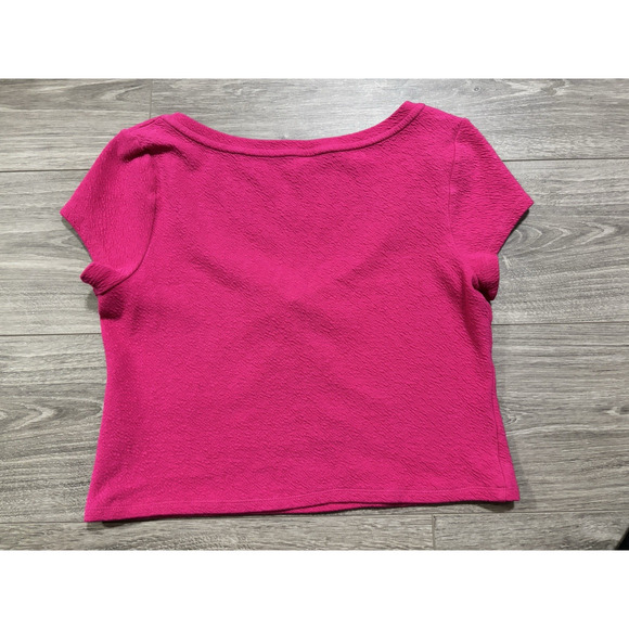 Anthropologie Top Womens M Pink Textured Knit Short Sleeve Ruched Bust Stretchy - Picture 2 of 8